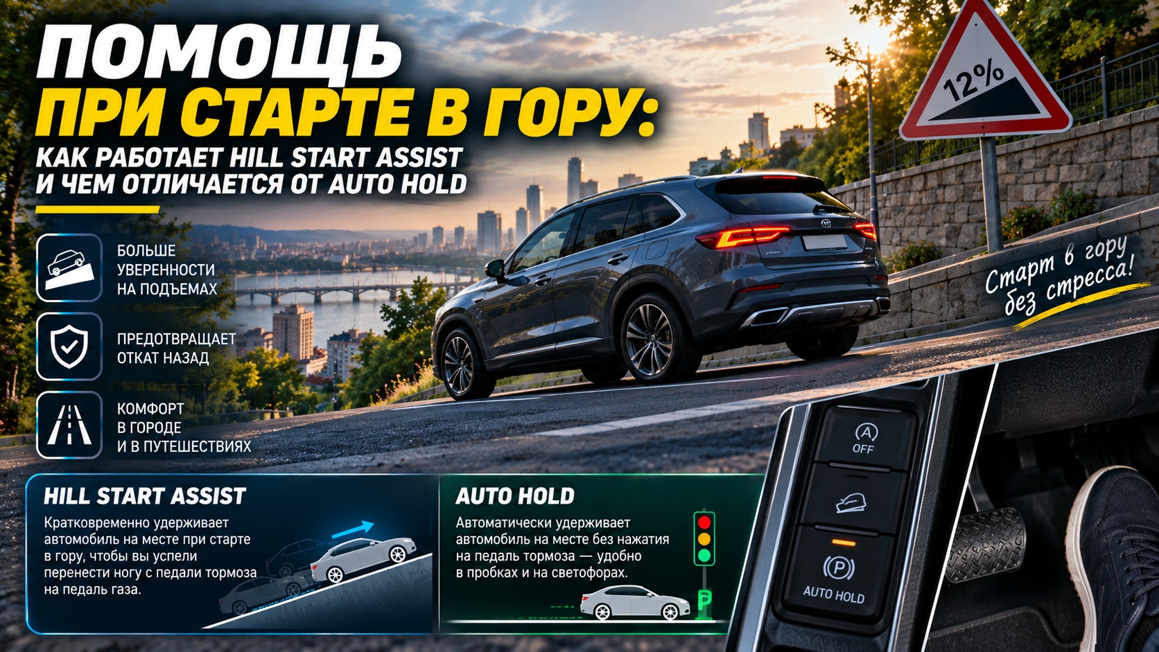 Помощь при старте в гору: как работает Hill Start Assist и чем отличается от Auto Hold