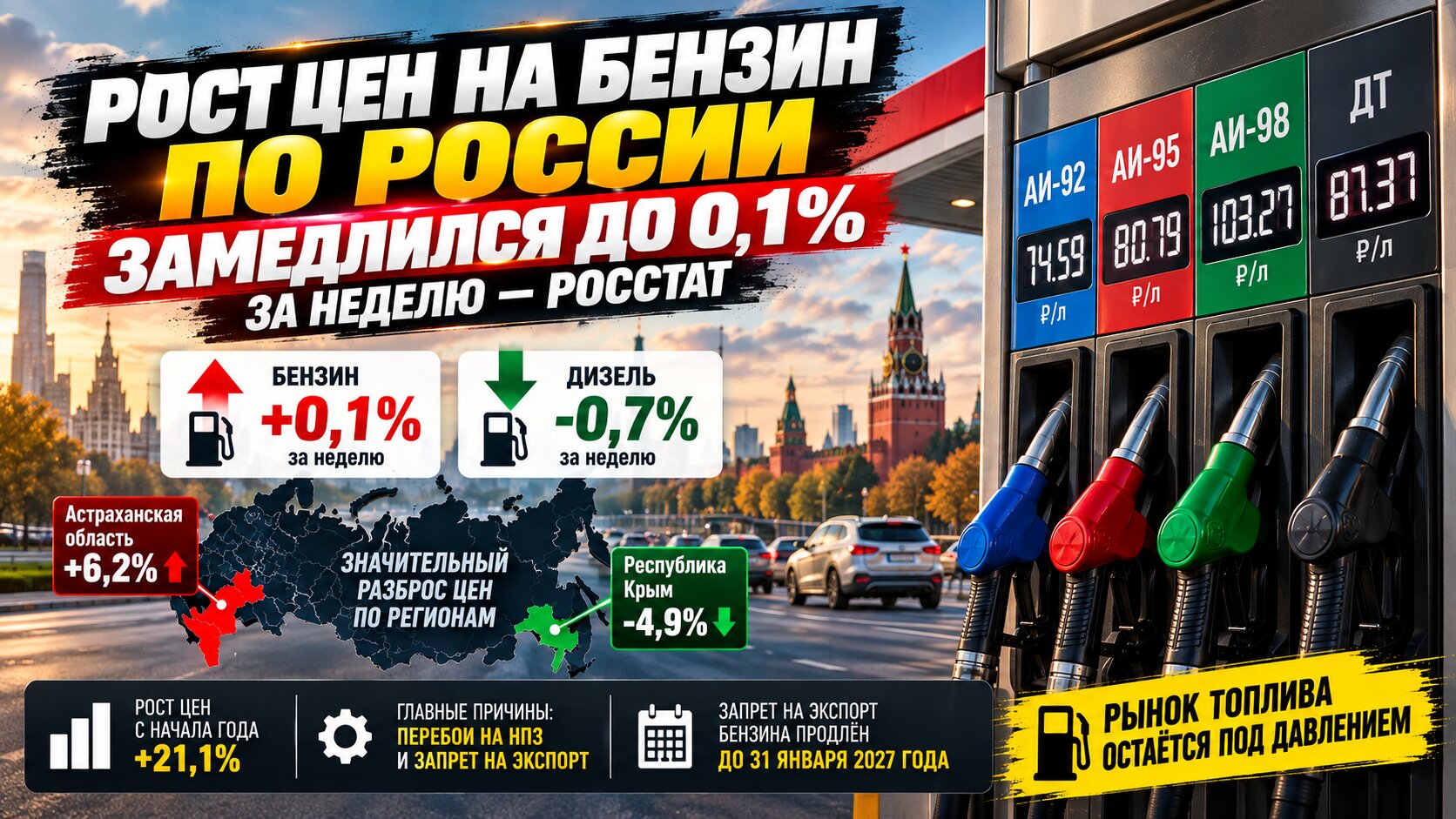 Рост цен на бензин по России замедлился до 0,1% за неделю — Росстат