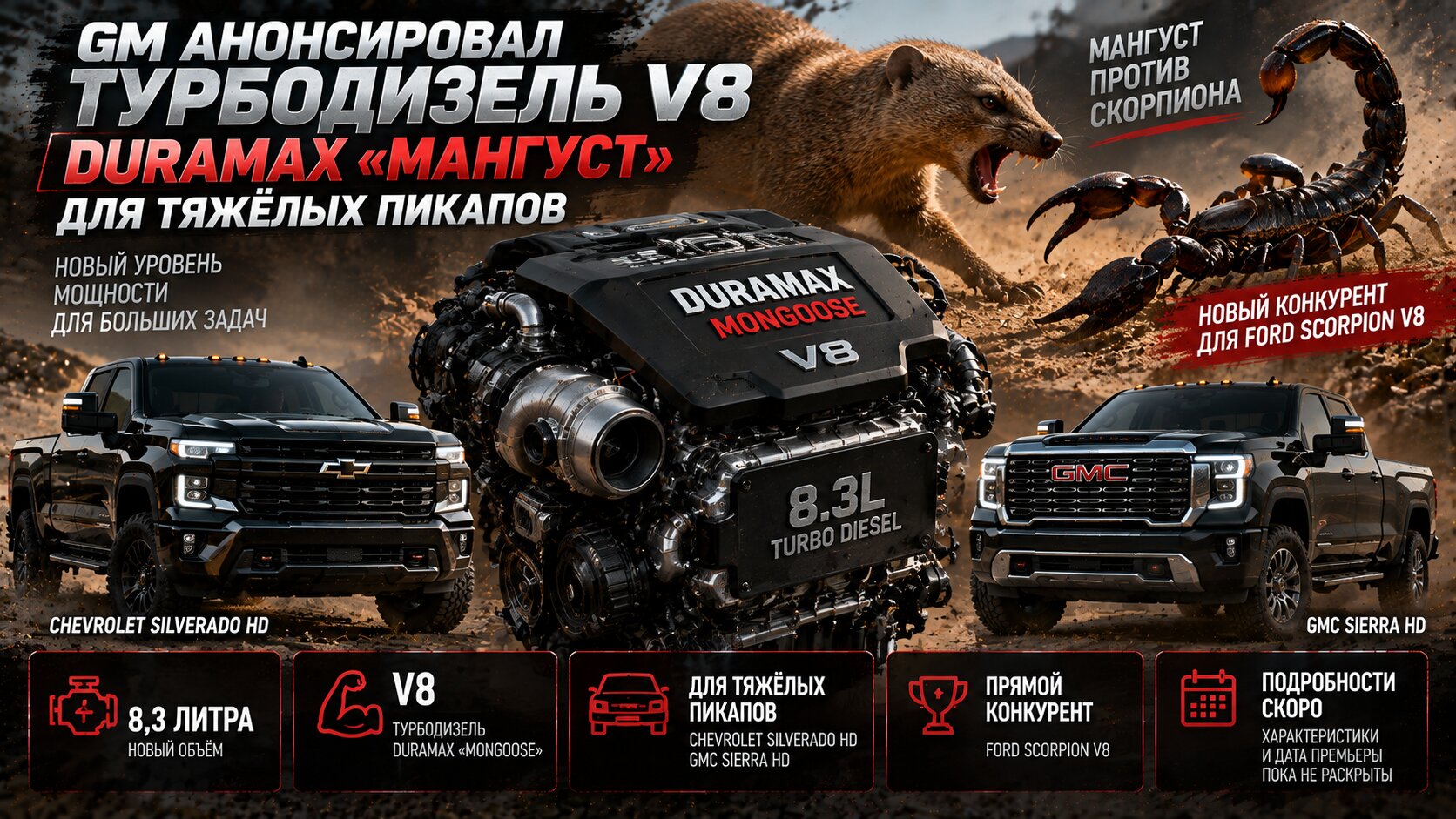 GM анонсировал турбодизель V8 Duramax «Мангуст» для тяжёлых пикапов