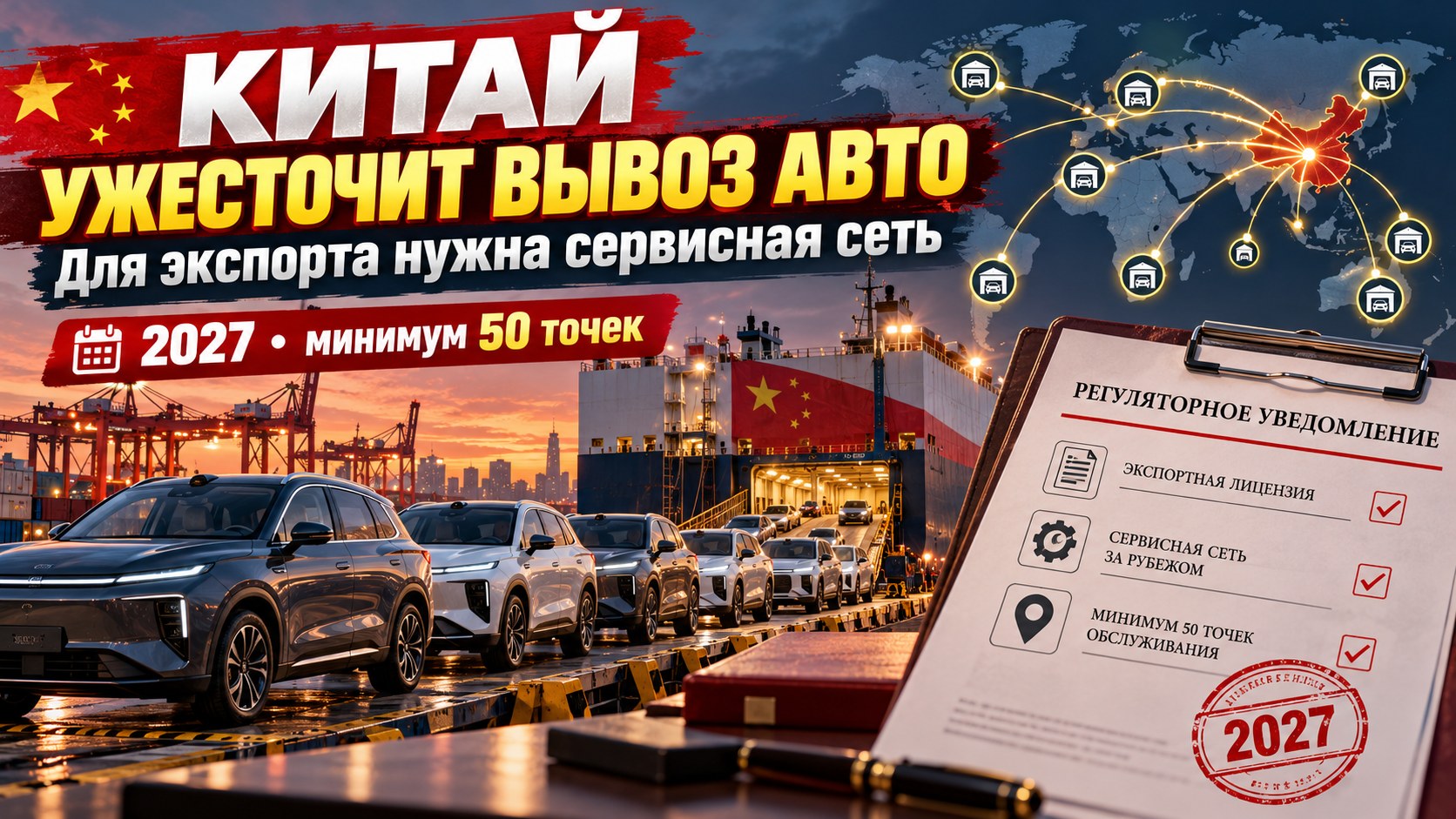 Китай ужесточает вывоз машин: с 2027 года экспортёрам придётся доказывать наличие сервисной сети за рубежом