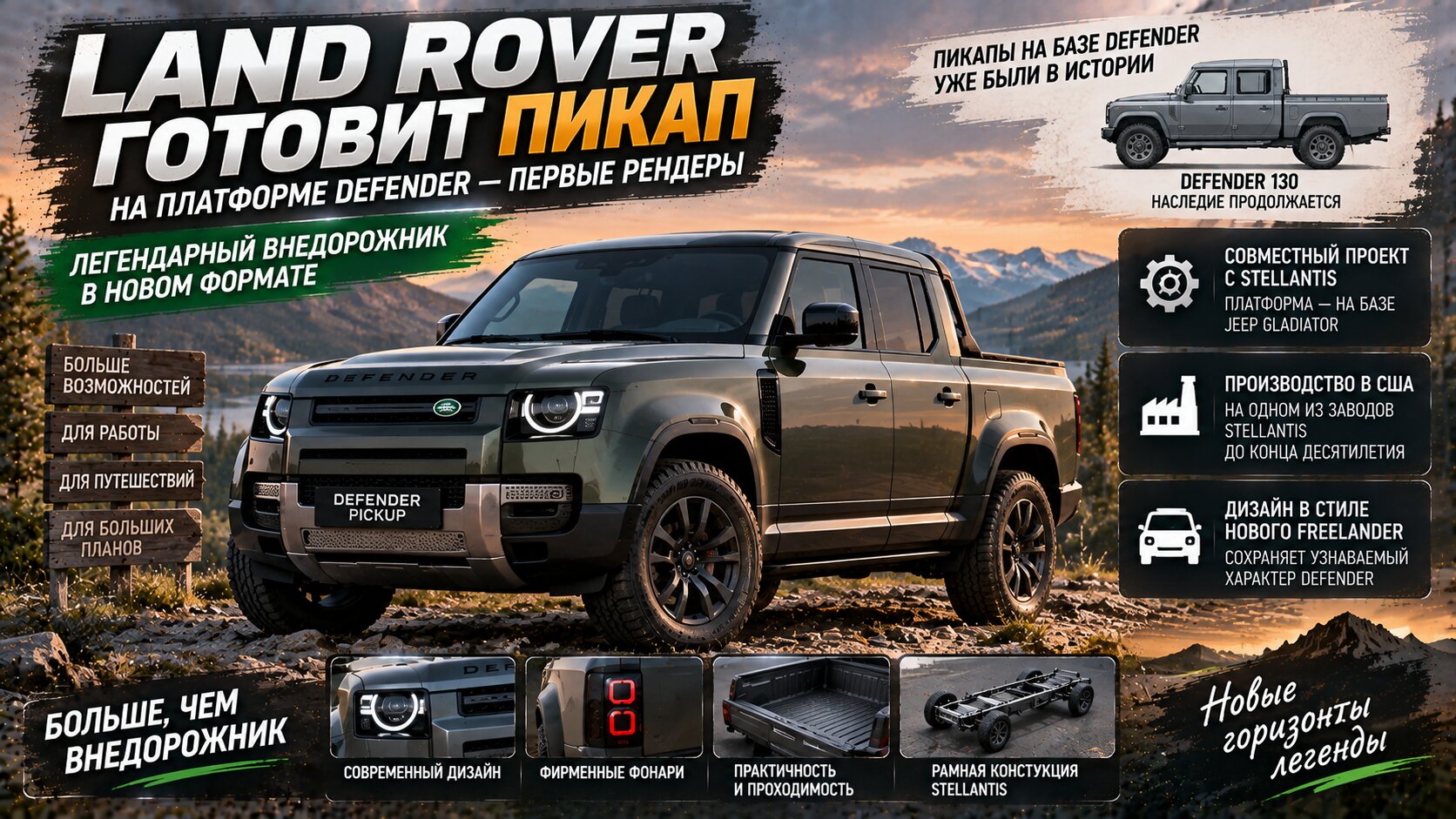 Land Rover готовит пикап на платформе Defender — первые рендеры