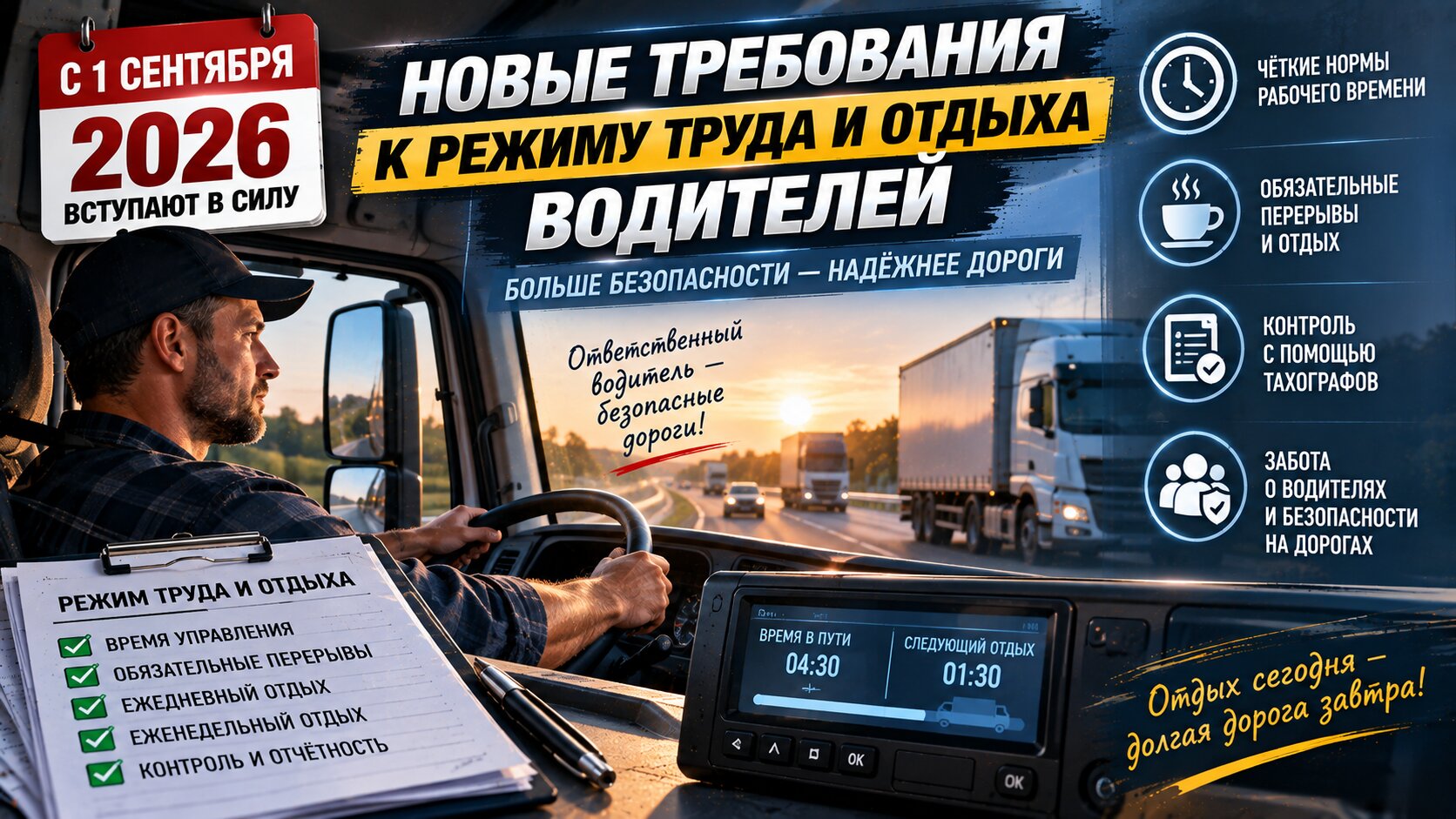 С 1 сентября вводятся новые требования к режиму труда и отдыха водителей