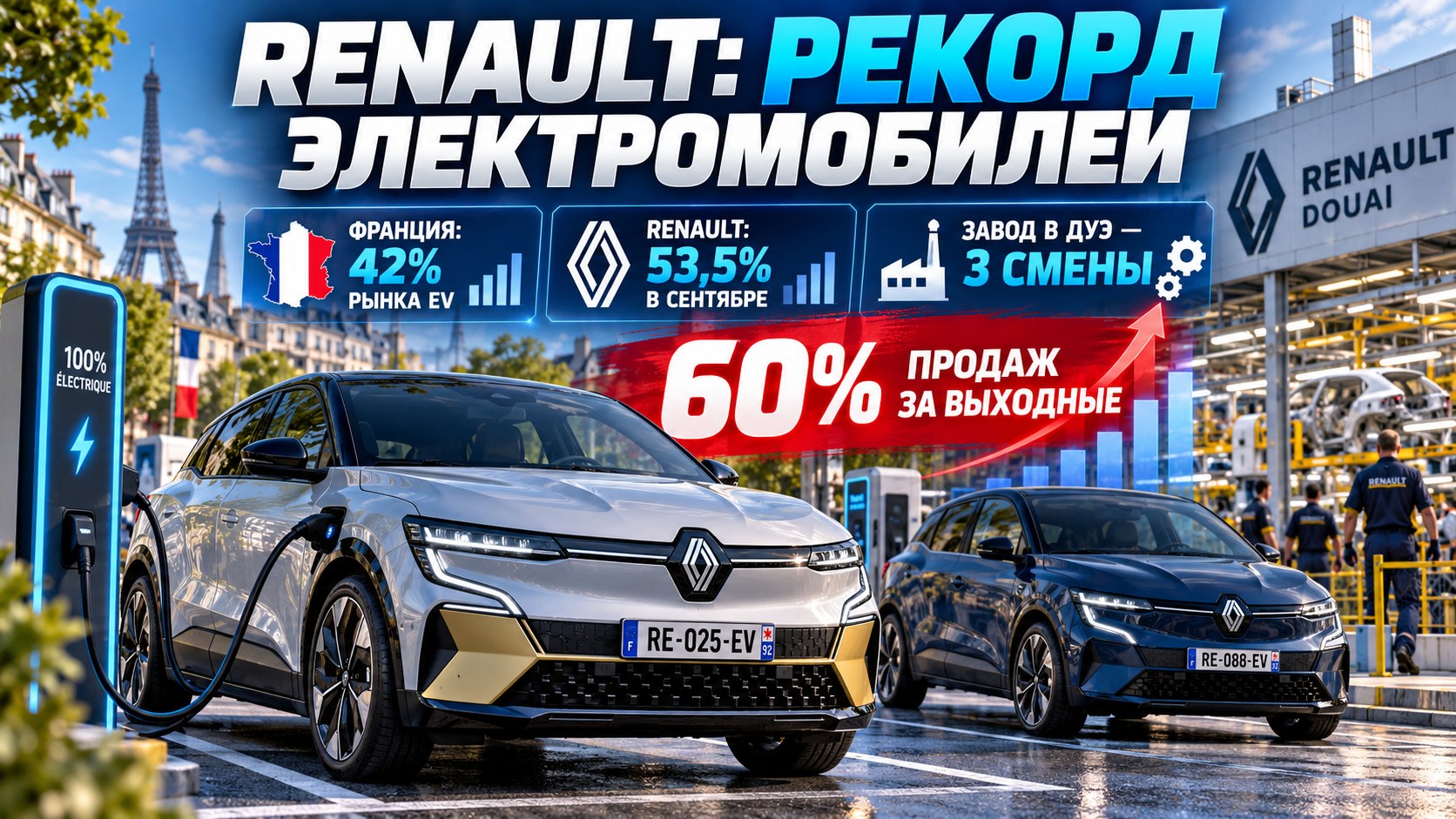 Электромобили Renault установили рекорд во Франции: на выходных их доля в продажах бренда достигла 60%
