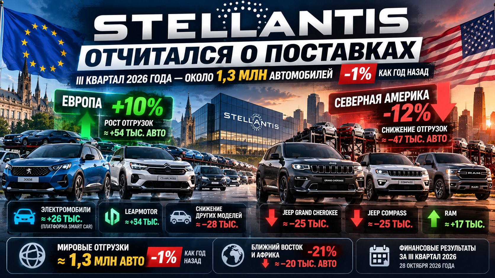 Stellantis отчитался о поставках: Европа прибавила 10%, Северная Америка потеряла 12%