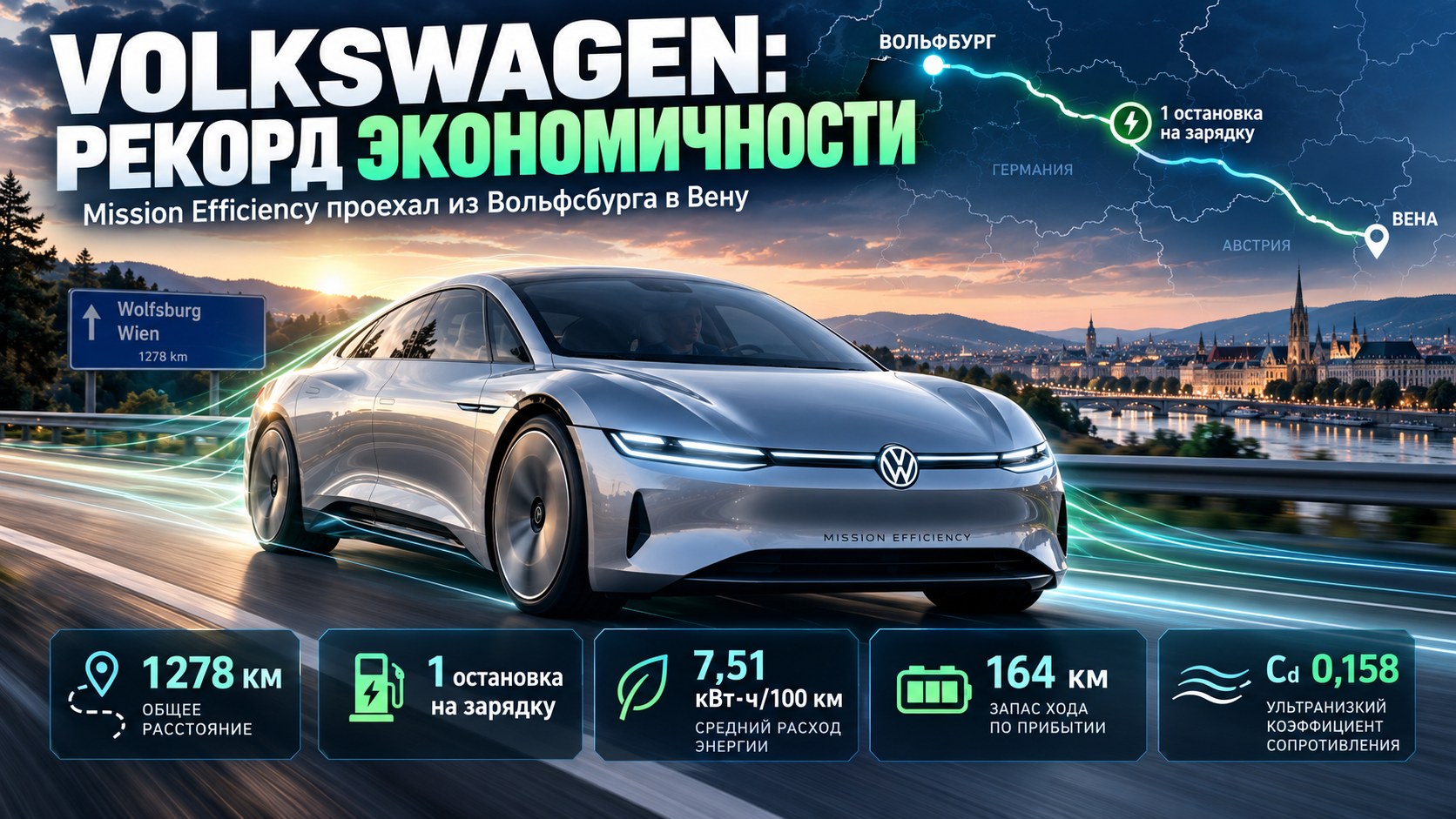 Volkswagen установил рекорд экономичности: 1278 км и одна остановка на зарядку