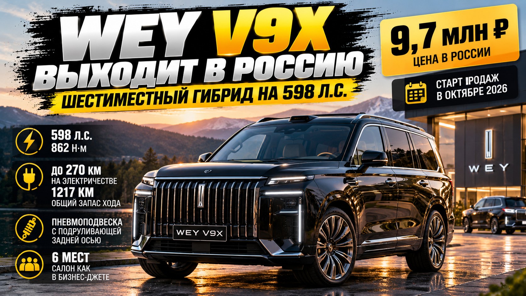 Wey V9X выходит в Россию: шестиместный гибрид на 598 л.с. оценили в 9,7 млн рублей